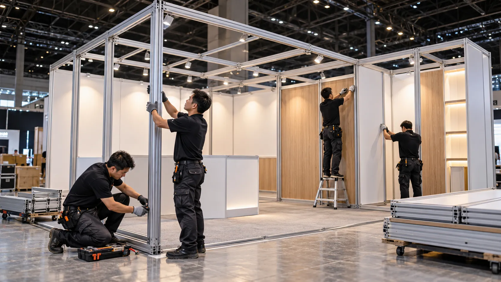 Chi tiết khớp nối và khung nhôm chịu lực giúp gian hàng modular tháo lắp dễ dàng và bền bỉ qua hàng chục sự kiện