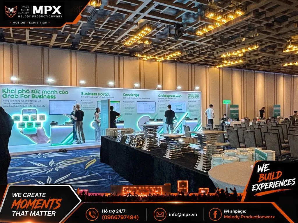 Toàn cảnh gian hàng triển lãm Grab For Business tại InnoEx sau khi hoàn thiện thi công cơ bản