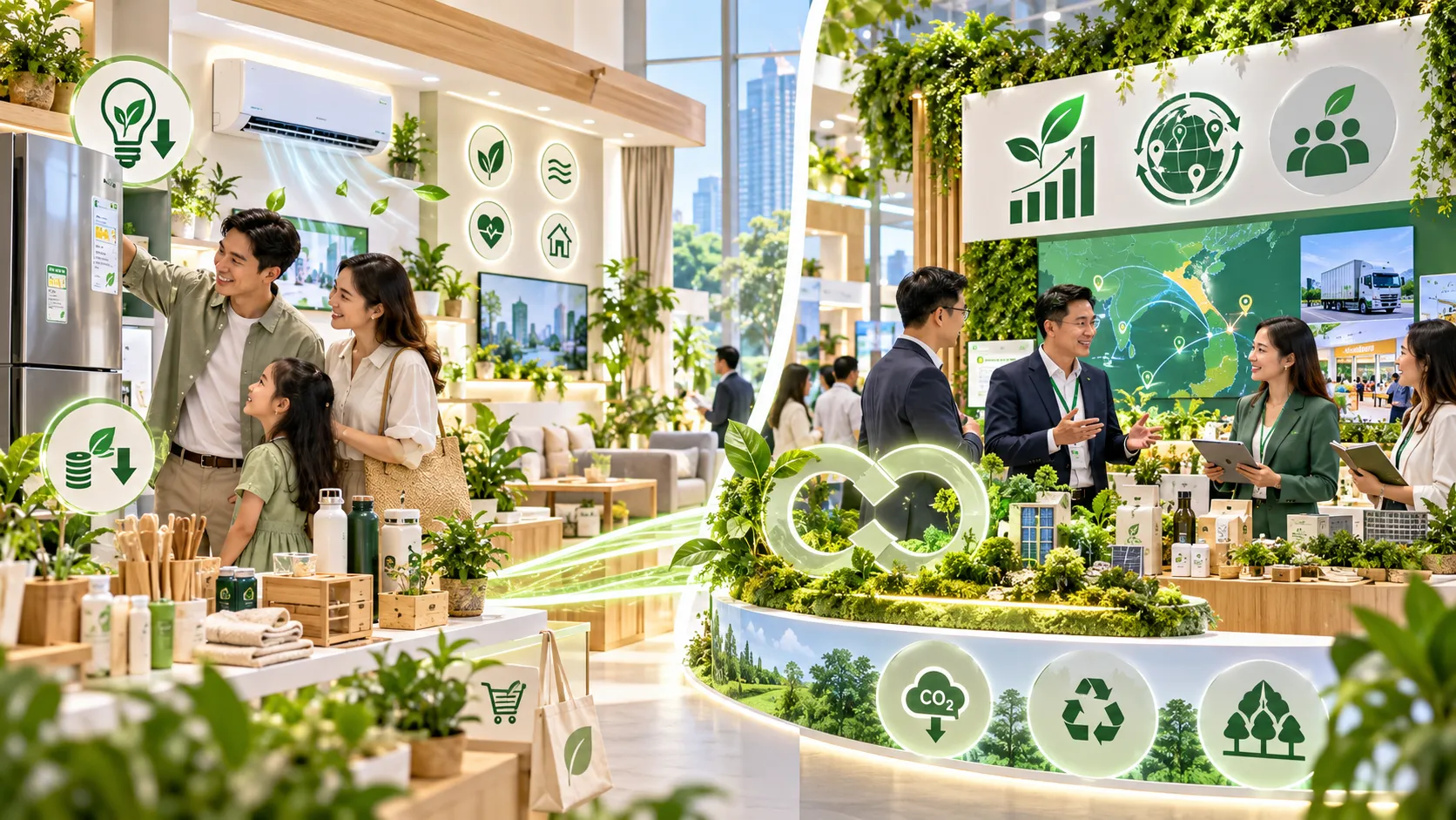 Xu hướng thiết kế gian hàng xanh tối giản kết hợp không gian mở và cây xanh tự nhiên tại các kỳ triển lãm quốc tế